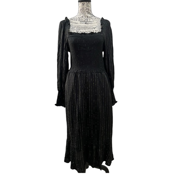 OAT NY Black Gold Metallic Puff Long Sleeve Smocked Maxi Dress NWT - Picture 1 of 13